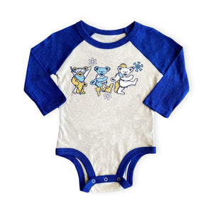 Rowdy Sprout Grateful Dead Snow Bears Raglan l/s Onesie ~ Vintage White/Royal