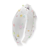 Bari Lynn Linen Embroidered Bows & Pearls Knot Headband
