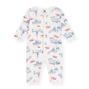 Petit Bateau Front Snap Parisian Print Romper ~ White/Blue