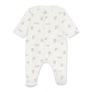 Petit Bateau Front Snap Teddy Bear Print Footie ~ White/Beige