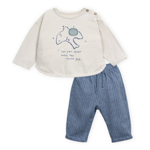 Play Up Baby Bird l/s Top & Printed Fleece Pants Set ~ Natural/Watercolor Blue