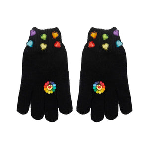 Bari Lynn Rainbow Flower Charm Gloves ~ Black
