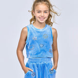 Hannah Banana Sleeveless Velour Rhinestone Emojis Top & Shorts Set ~ Blue