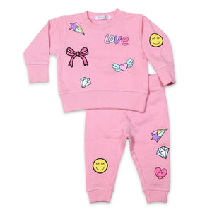 Little Mish Doodle Patches French Terry Sweatshirt & Joggers Set ~ Pink