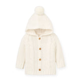 Elegant Baby Chunky Cable Knit Hooded Pom Pom Cardigan ~ White