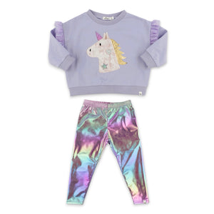 Oh Baby! Unicorn Applique Frilled Sweatshirt & Metallic Leggings Set ~ Lavender/Iridescent Pink