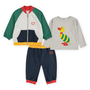 Bobo Choses Baby Tic Tac Toe Color Block Zip Sweatshirt, Duck l/s Tee & Joggers Set ~ Navy/Green Multi