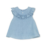 Petit Bateau Baby Sleeveless Chambray Blouse & Shorts w/ Scallop Detail Set ~ Blue