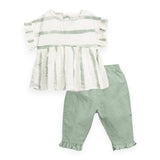 Play Up Baby Striped Woven Top & Pants w/ Frill Set ~ Off White/Sage