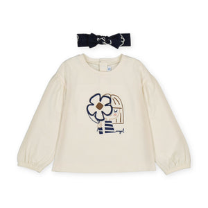 Mayoral Baby Girl Flower l/s Tee w/ Headband ~ Macchiato/Navy