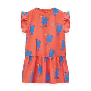 Wynken Frill Sleeve Linen Dress ~ Birds/Red