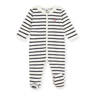 Petit Bateau Velour Front Snap Striped Je T'aime Footie w/ Sailor Collar ~ White/Navy