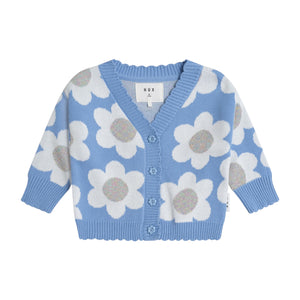 Huxbaby Daisy Scalloped Knit Cardi, Ribbed l/s Top & Leggings Set ~ Seaside/Almond Milk