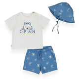 Mayoral Baby Boy Captain Tee & Shorts Set w/ Bucket Hat ~ White/Capri Blue