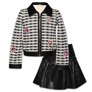 Hannah Banana Faux Leather Trim Houndstooth Stars Jacket & Faux Leather Skirt Set 7-12 ~ Black