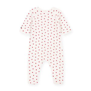 Petit Bateau Velour Side Snap Heart Print Footie ~ White/Red