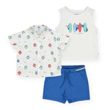 Mayoral Baby Boy Printed Shirt, Tank, & Shorts Set ~ Surf Monsters/White/Indigo