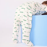 Petit Bateau Back Snap Crocodile Print Brushed Fleece Footie ~ White/Green