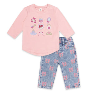 Huxbaby Ballerina Hux Embroidered l/s T-Shirt & Dreamy Denim Cherry Paperbag Pants Set ~ Vintage Pink/Denim Multi