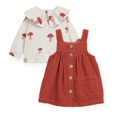 Play Up Baby Mushroom Print Ruffle Collar Top & Corduroy Dress Set ~ Natural/Brick