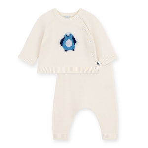 Petit Bateau Knit Penguin Sweater & Pants Set ~ White