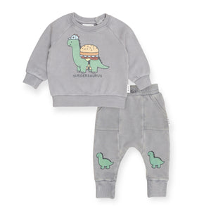 Huxbaby Burgersaurus Sweatshirt & Vintage Dino Slouch Pants Set ~ Washed Grey
