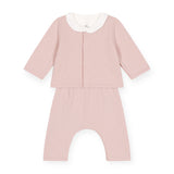 Petit Bateau Quilted Cardigan, Ruffle Collar Onesie & Pants Set ~ Light Pink/White