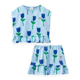 Wynken Printed Sleeveless Frill Top & Skirt Set ~ Tulips/Blue