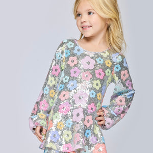 Baby Sara Flowers l/s Sequin Dress ~ Silver Multi