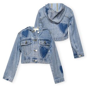 Hannah Banana Rhinestone Shadow Heart & Flower Hooded Denim Jacket ~ Stonewash