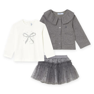 Mayoral Baby Girl Cardigan, l/s Tee & Tulle Skirt 3 Piece Set ~ Silver