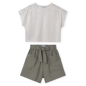 Mayoral Girls Studded T-Shirt & Flowy Shorts Set 7-12 ~ Bone/Moss