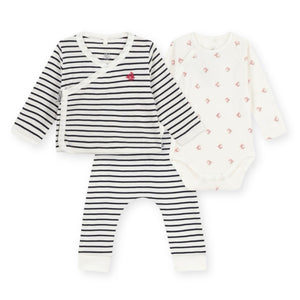 Petit Bateau Striped Cardigan, Pants & Boat Print Onesie Set ~ White/Navy