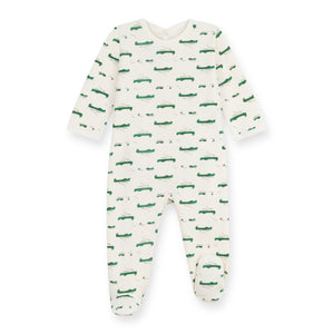 Petit Bateau Back Snap Crocodile Print Brushed Fleece Footie ~ White/Green