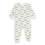 Petit Bateau Back Snap Crocodile Print Brushed Fleece Footie ~ White/Green