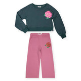 Appaman Girls Lisa Cropped Sweatshirt & Samantha Wide Leg Sweats Set ~ Moss/Pink Flower