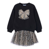Mayoral Girls Bow Sweatshirt & Tulle Skirt Set ~ Black/Leopard