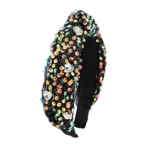 Bari Lynn Crystallized Sequin & Jewel Heart Knot Headband ~ Black