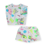 Billieblush Surfing Cat Print French Terry Top & Shorts Set ~ White