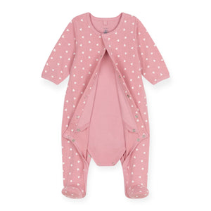 Petit Bateau Front Snap Heart Print Footie w/ Attached Bodysuit ~ Pink/White
