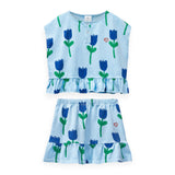 Wynken Printed Sleeveless Frill Top & Skirt Set ~ Tulips/Blue