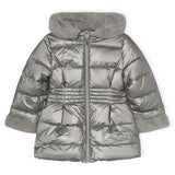 Mayoral Girls Metallic Faux Fur Puffer Coat ~ Silver
