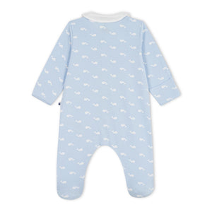 Petit Bateau Front Snap Whale Print Footie w/ Collar ~ Blue/White