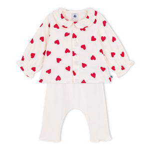 Petit Bateau Heart Print l/s Blouse & Leggings Set ~ Ecru/Red
