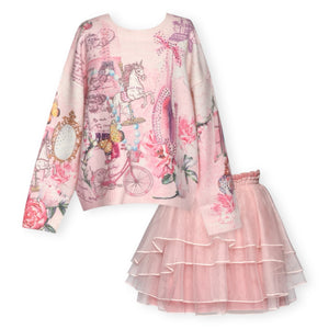 Baby Sara Vintage Ballet Print Sweater & Tiered Mesh Tutu Skirt Set ~ Pink Multi