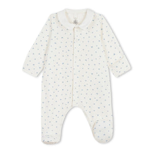 Petit Bateau Front Snap Heart Print Footie With Collar ~ White/Blue