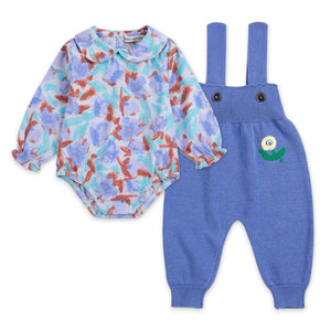 Bobo Choses Baby Watercolor Print Woven Onesie & Stamp Bloom Knit Overalls Set ~ Lavender/Purple