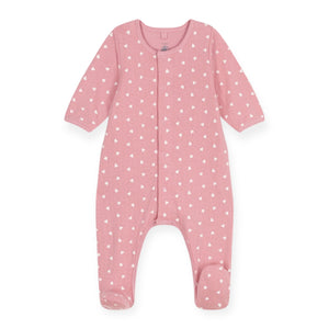 Petit Bateau Front Snap Heart Print Footie w/ Attached Bodysuit ~ Pink/White