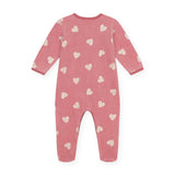 Petit Bateau Front Snap Velour Heart Print Footie ~ Raspberry/White