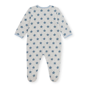 Petit Bateau Velour Front Snap Star Print Footie ~ Grey/Blue